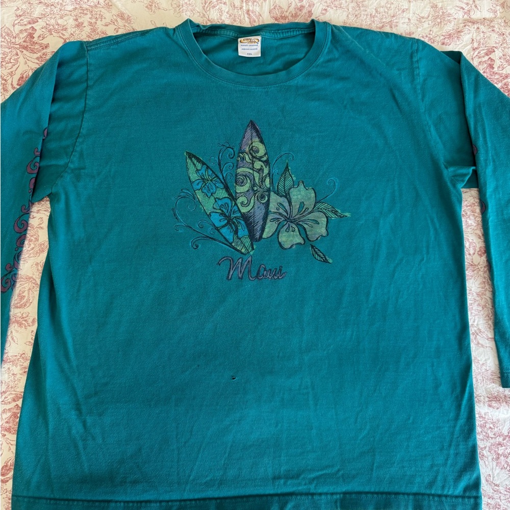 Maui Teal Long Sleeve Tee with Surfboard Floral Graphic